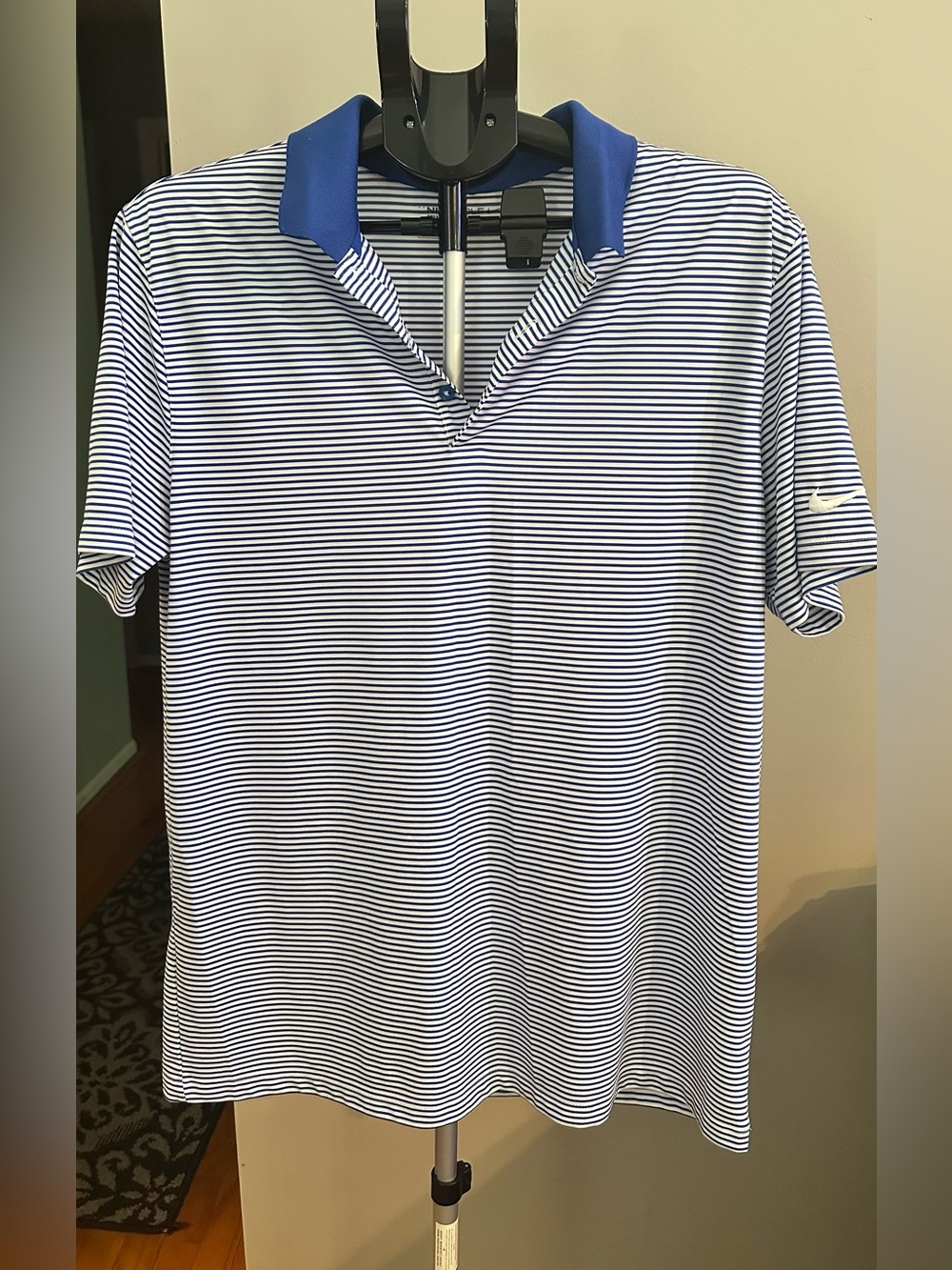 Nike Dri-FIT Golf Polo Mens L Blue White Stripe Preppy Performance Shirt